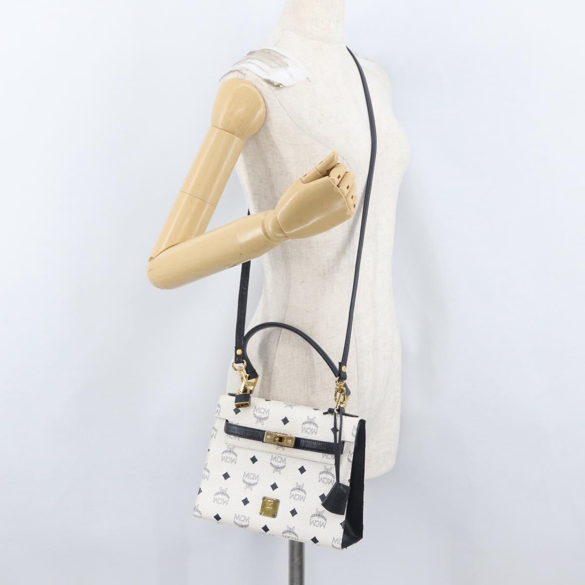 MCM Vicetos Logogram Hand Bag PVC Leather 2way White Gold Auth LNZ988A
