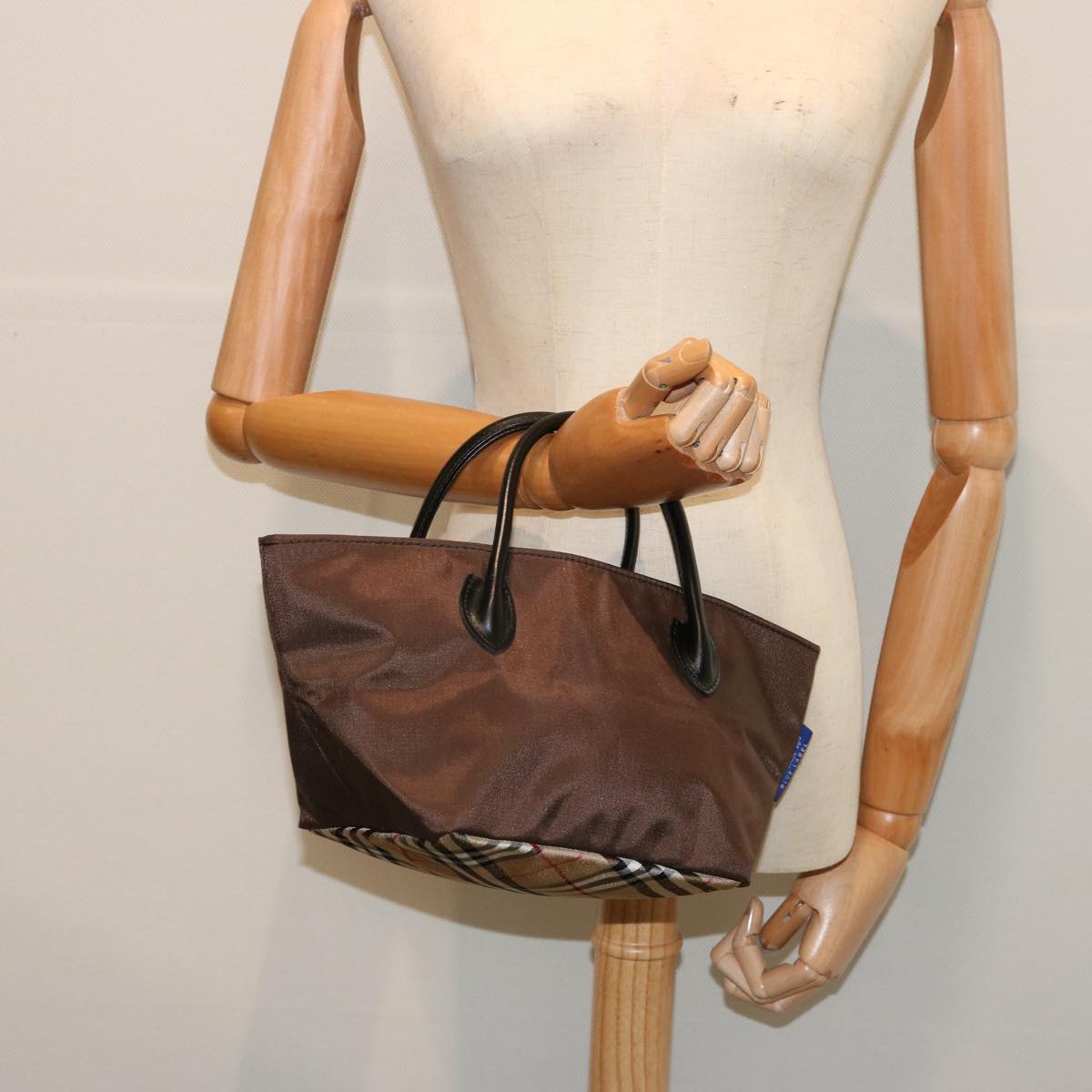 Burberrys Nova Check Blue Label Tote Bag Nylon Brown Auth mr010