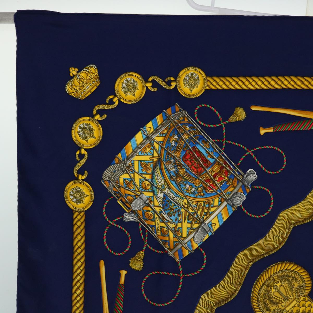 HERMES Carre 90 LES TAMBOURS Scarf Silk Navy Auth mr066