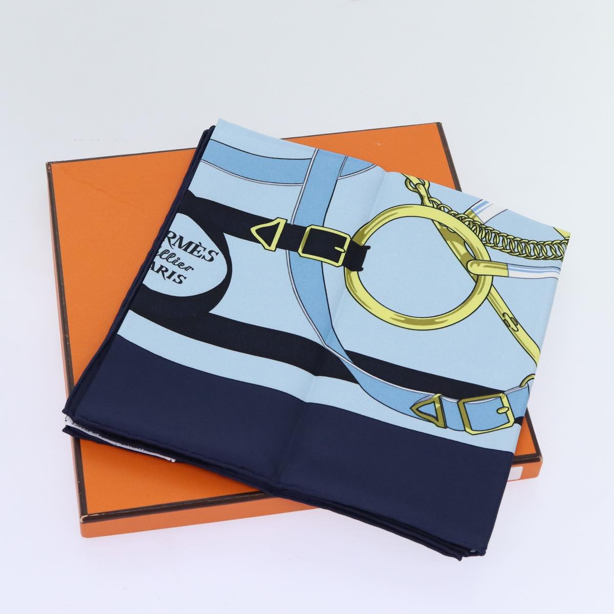 HERMES Carre 90 Eperon d'Or Scarf Silk Navy Auth mr068