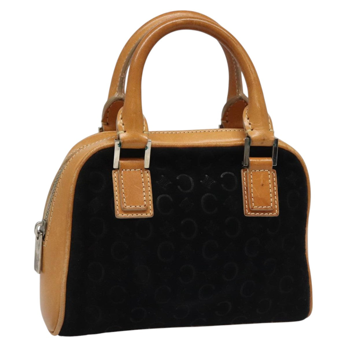 CELINE C Macadam Canvas Hand Bag Suede Leather Black Brown Silver Auth mr1016A