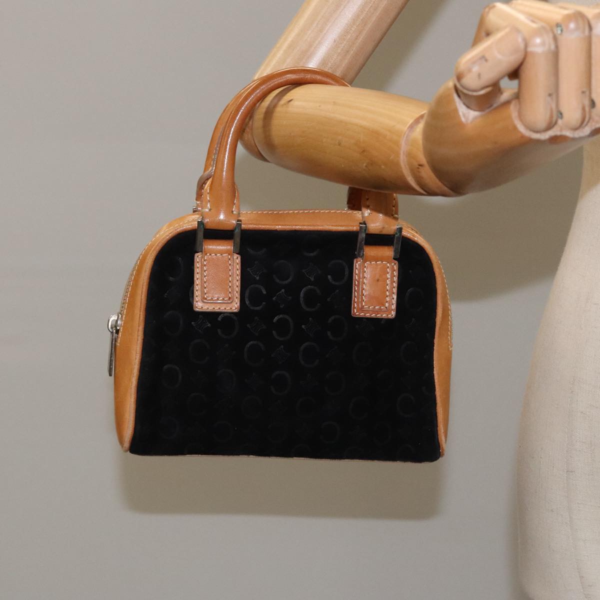 CELINE C Macadam Canvas Hand Bag Suede Leather Black Brown Silver Auth mr1016