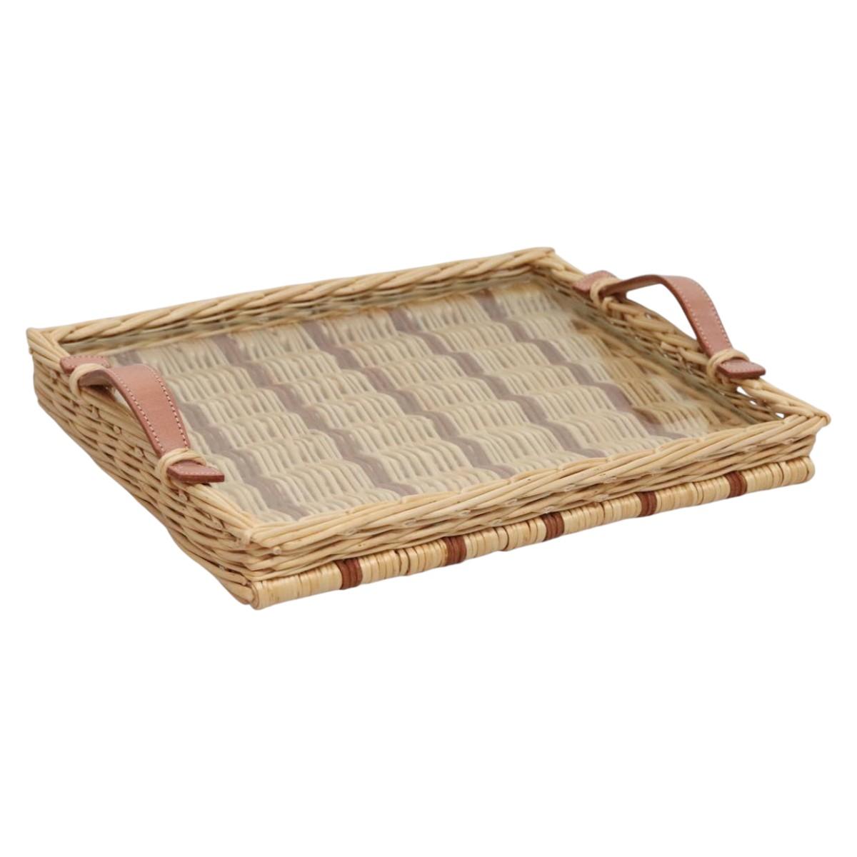 HERMES Wicker Tray Wood Beige Auth mr1065A