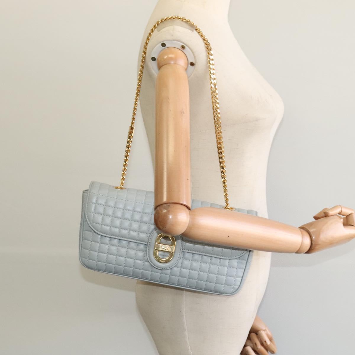 CELINE Quilted Chain Shoulder Bag Lamb Skin Gray Gold Auth mr1084SAV