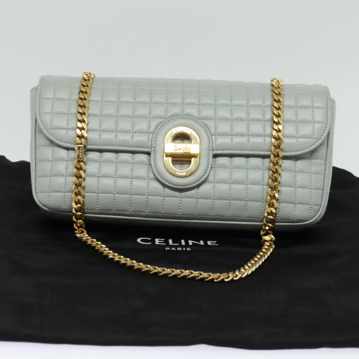 CELINE Quilted Chain Shoulder Bag Lamb Skin Gray Gold Auth mr1084V