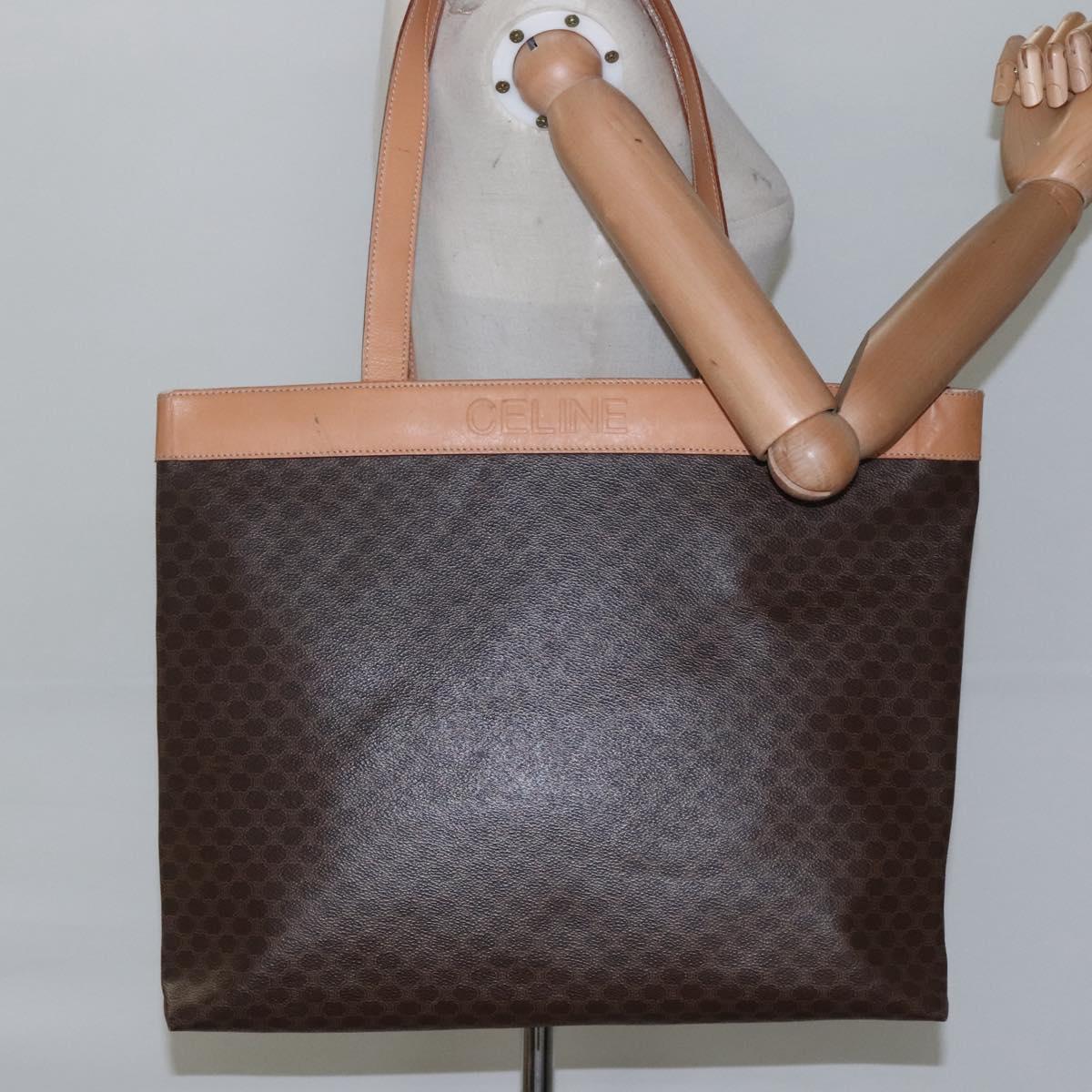 CELINE Macadam Canvas Tote Bag PVC Leather Brown Gold Auth mr1098