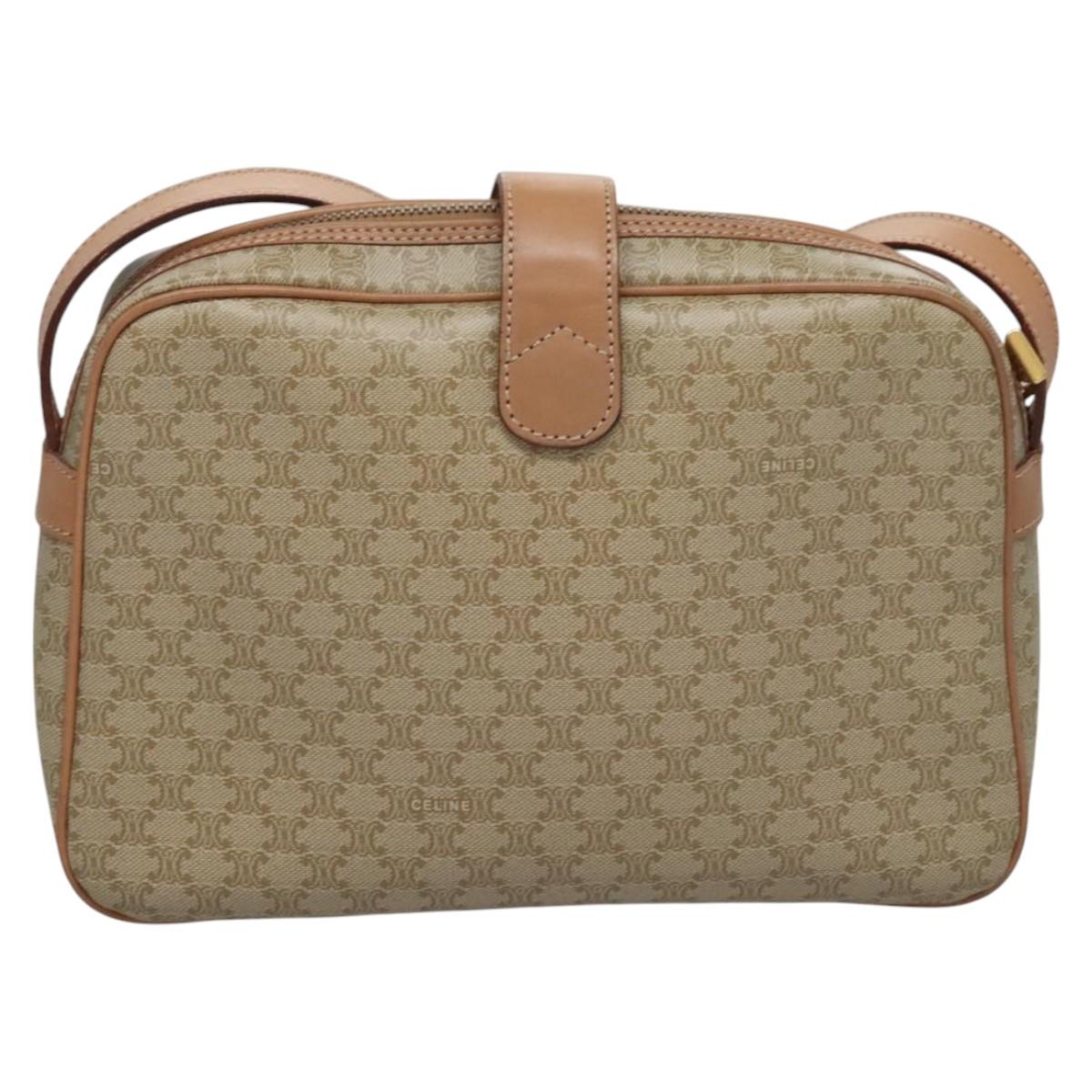 CELINE Macadam Canvas Shoulder Bag Beige Gold Auth mr1099