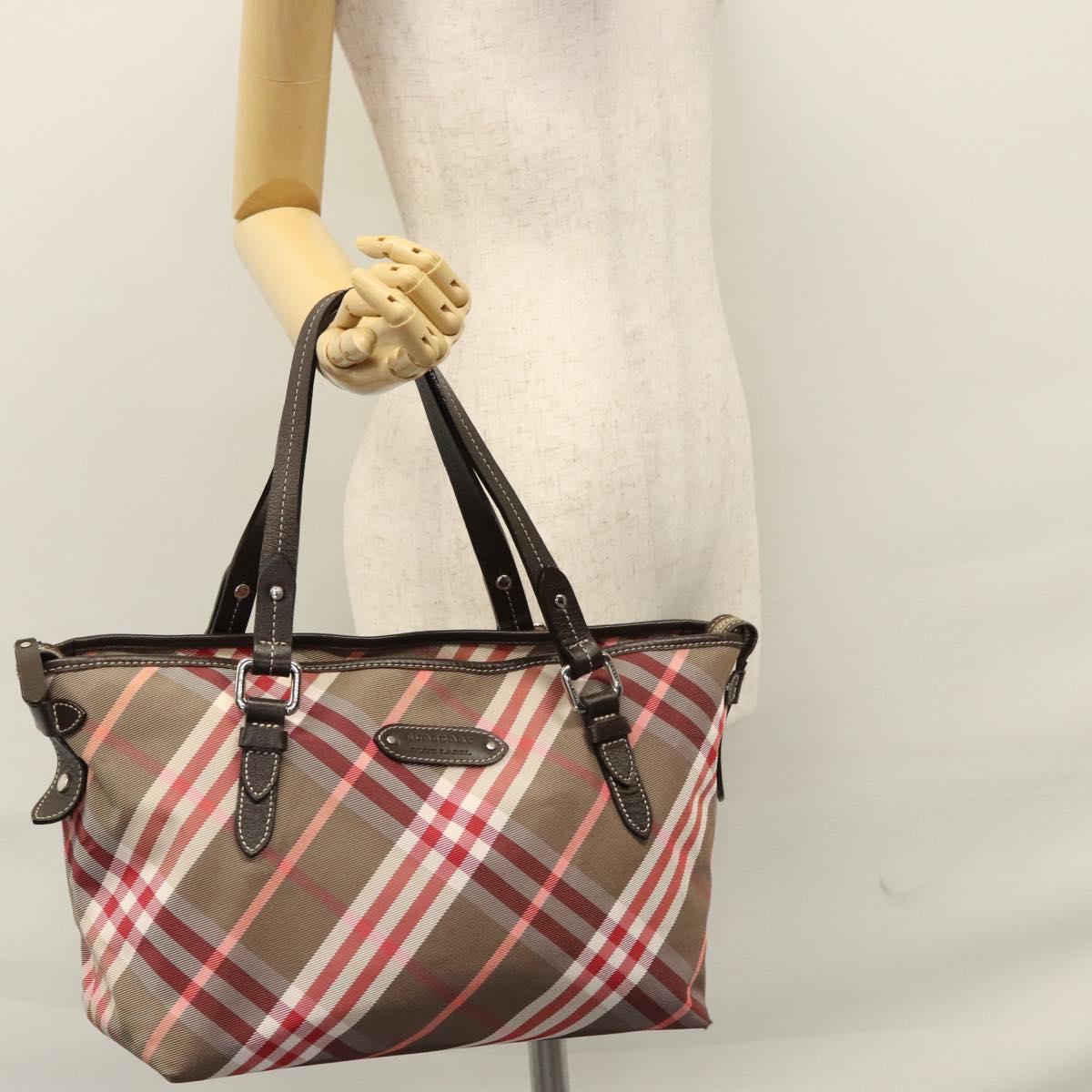 BURBERRY Nova Check Blue Label Hand Bag Nylon Red Brown Auth mr1107