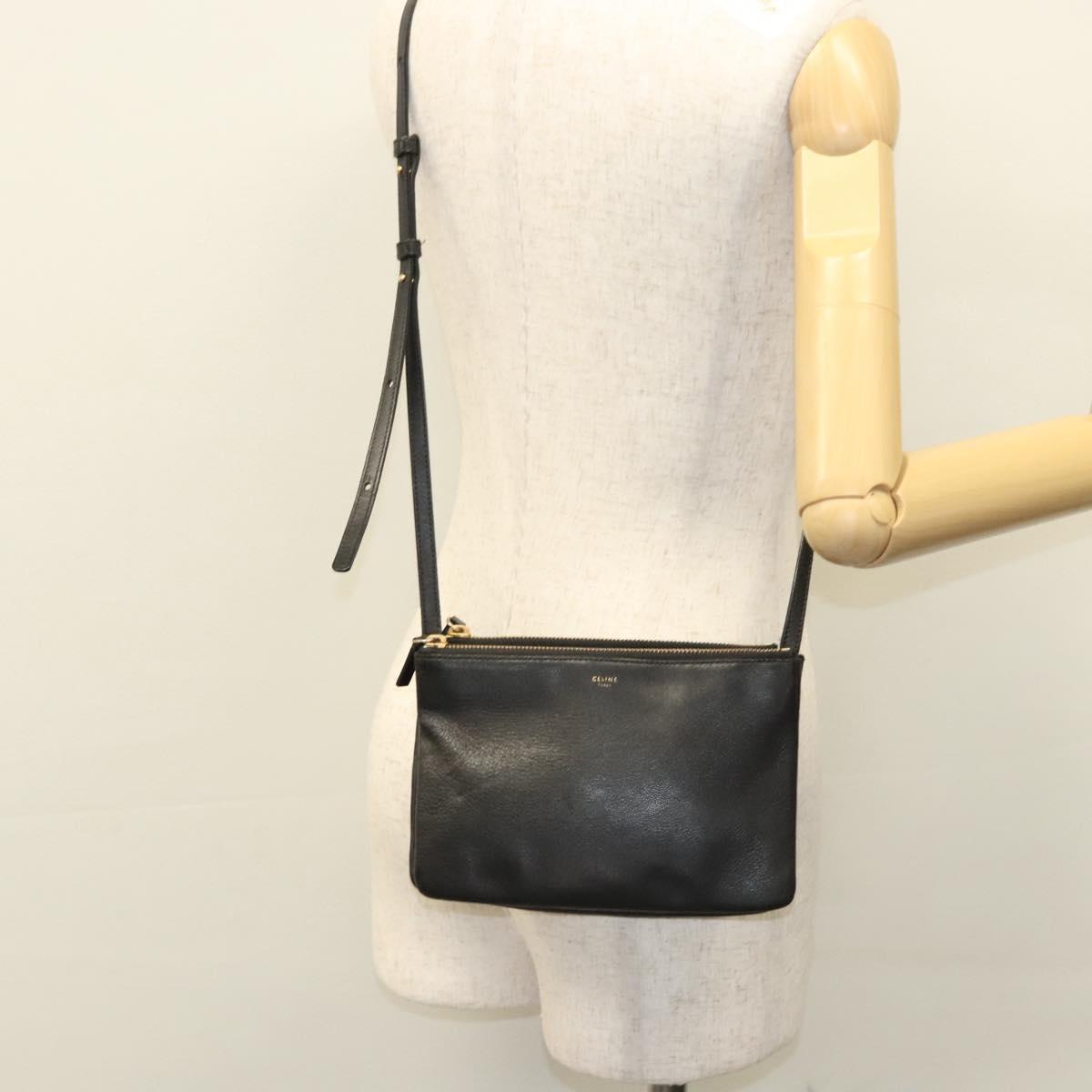 CELINE Trio bag Shoulder Bag Leather Black Gold Auth mr1158