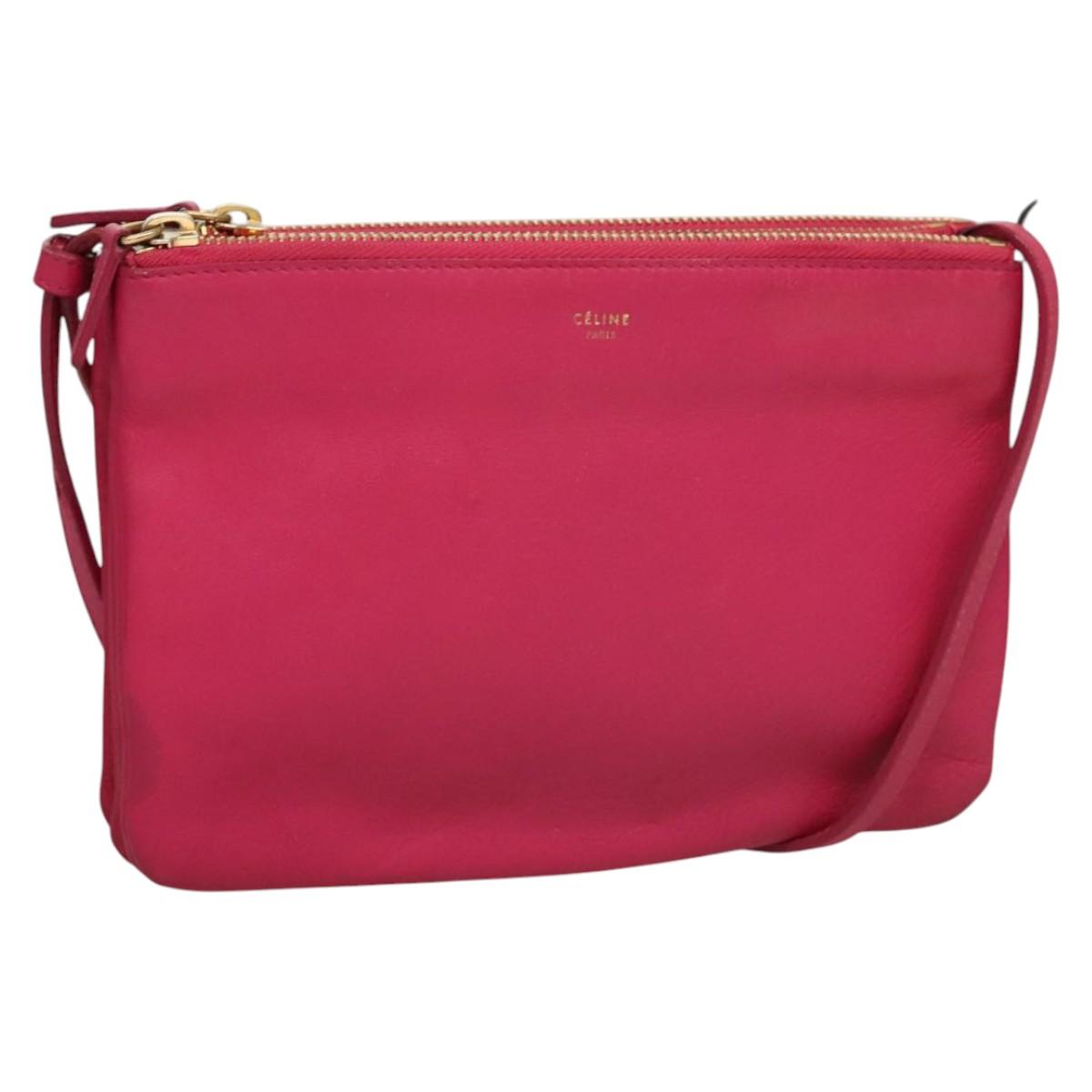 CELINE Trio bag Shoulder Bag Leather Pink Gold Auth mr1159