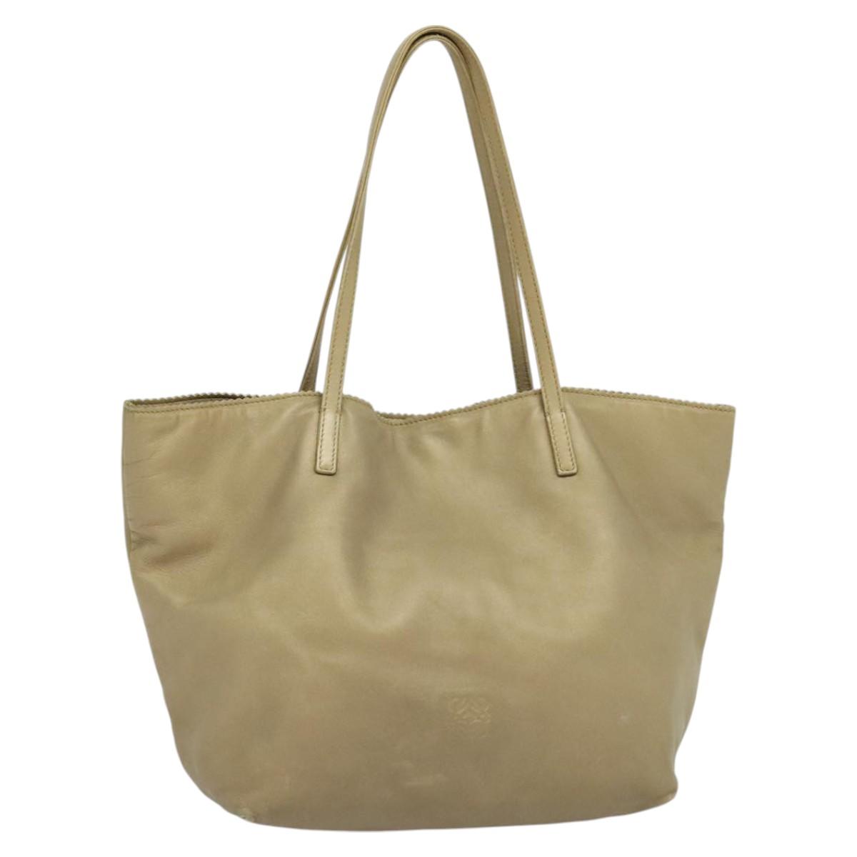 LOEWE Anagram Tote Bag Leather Beige Gold Auth mr1182