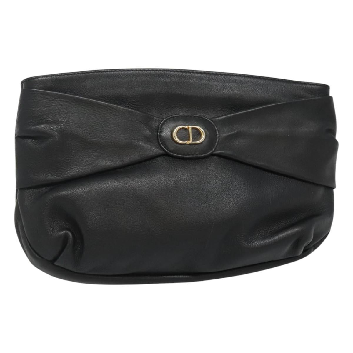 Christian Dior Clutch Bag Leather Black Gold Auth mr1204