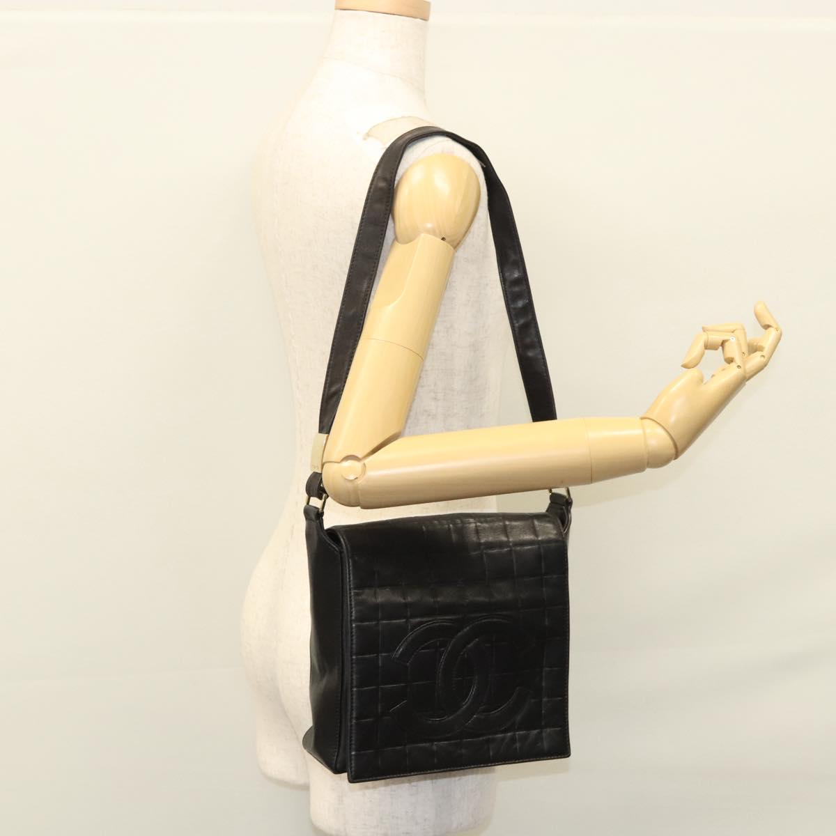 CHANEL Choco Bar line Shoulder Bag Lamb Skin Black CC Auth mr1233