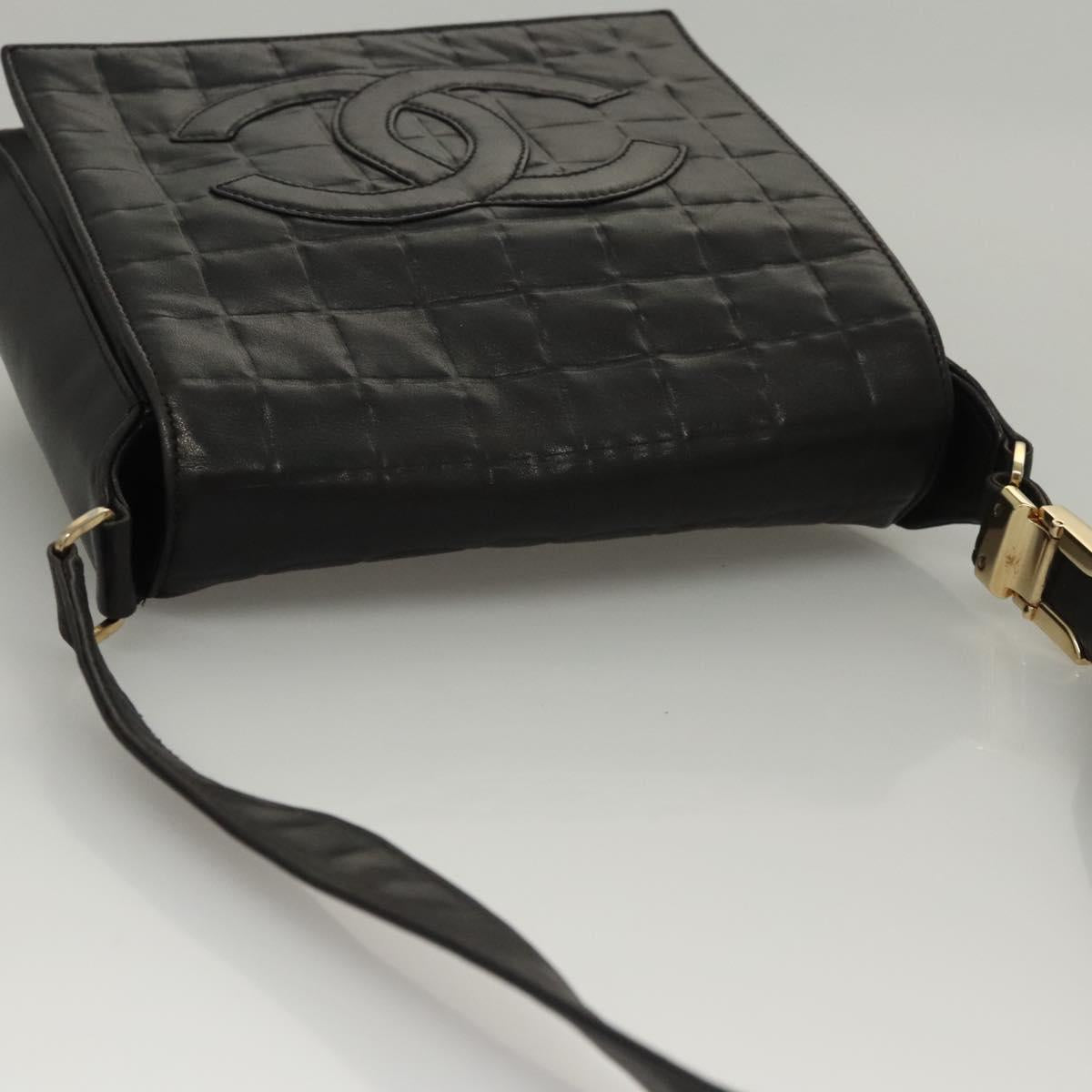 CHANEL Choco Bar line Shoulder Bag Lamb Skin Black CC Auth mr1233