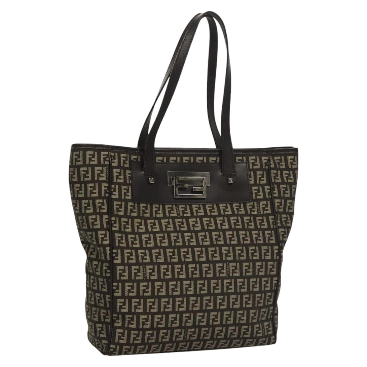 FENDI Zucchino Canvas Tote Bag Brown Silver Auth mr1240