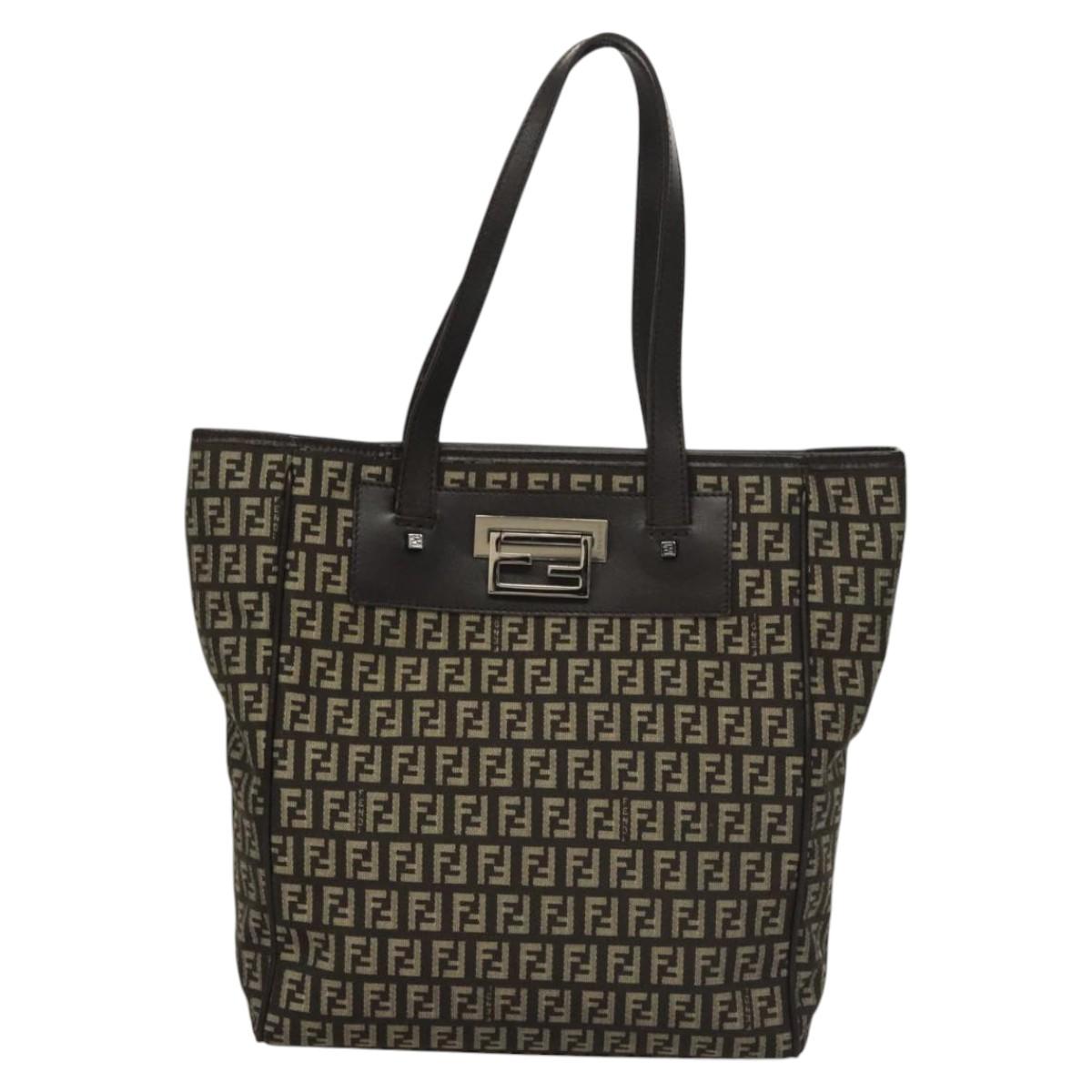 FENDI Zucchino Canvas Tote Bag Brown Silver Auth mr1240