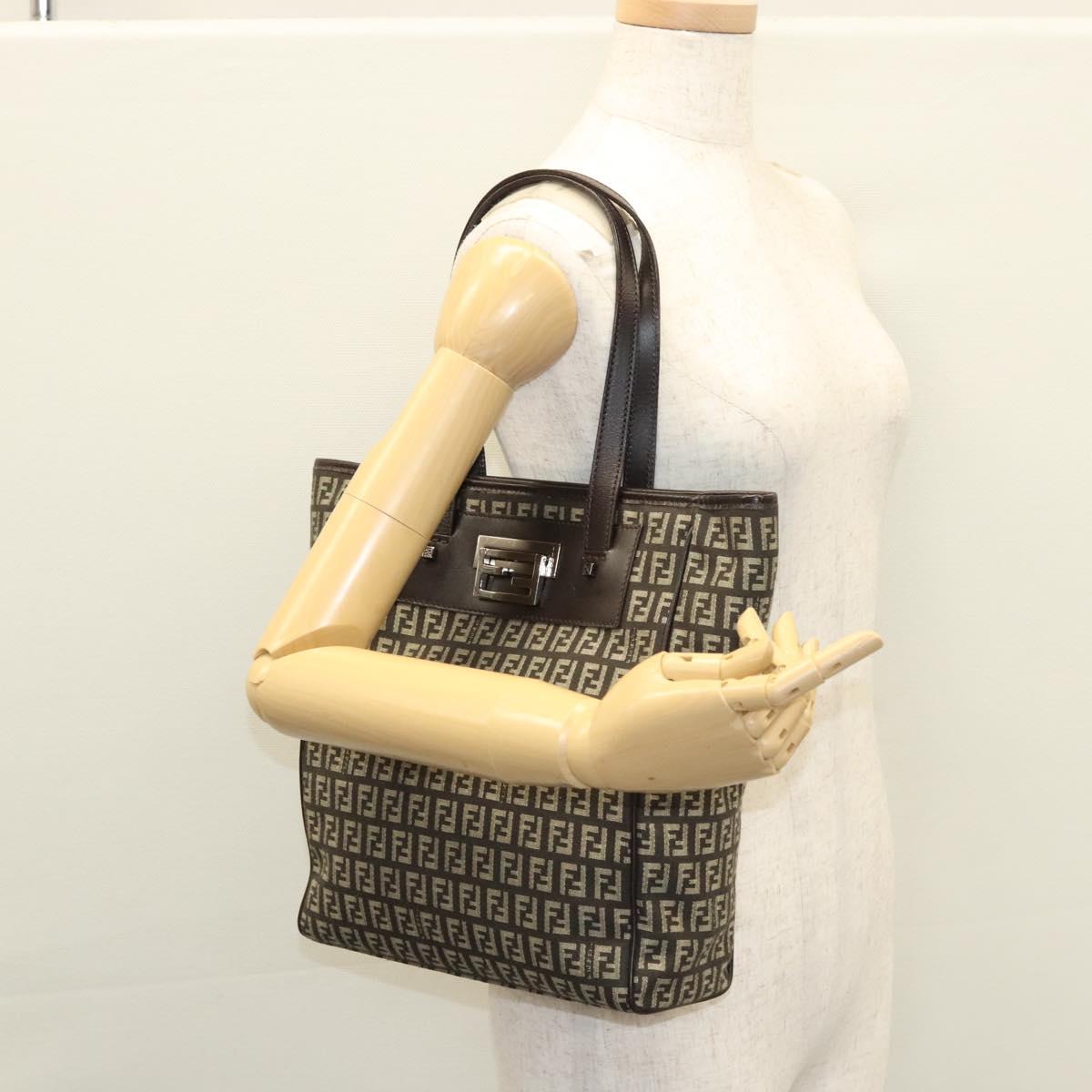 FENDI Zucchino Canvas Tote Bag Brown Silver Auth mr1240