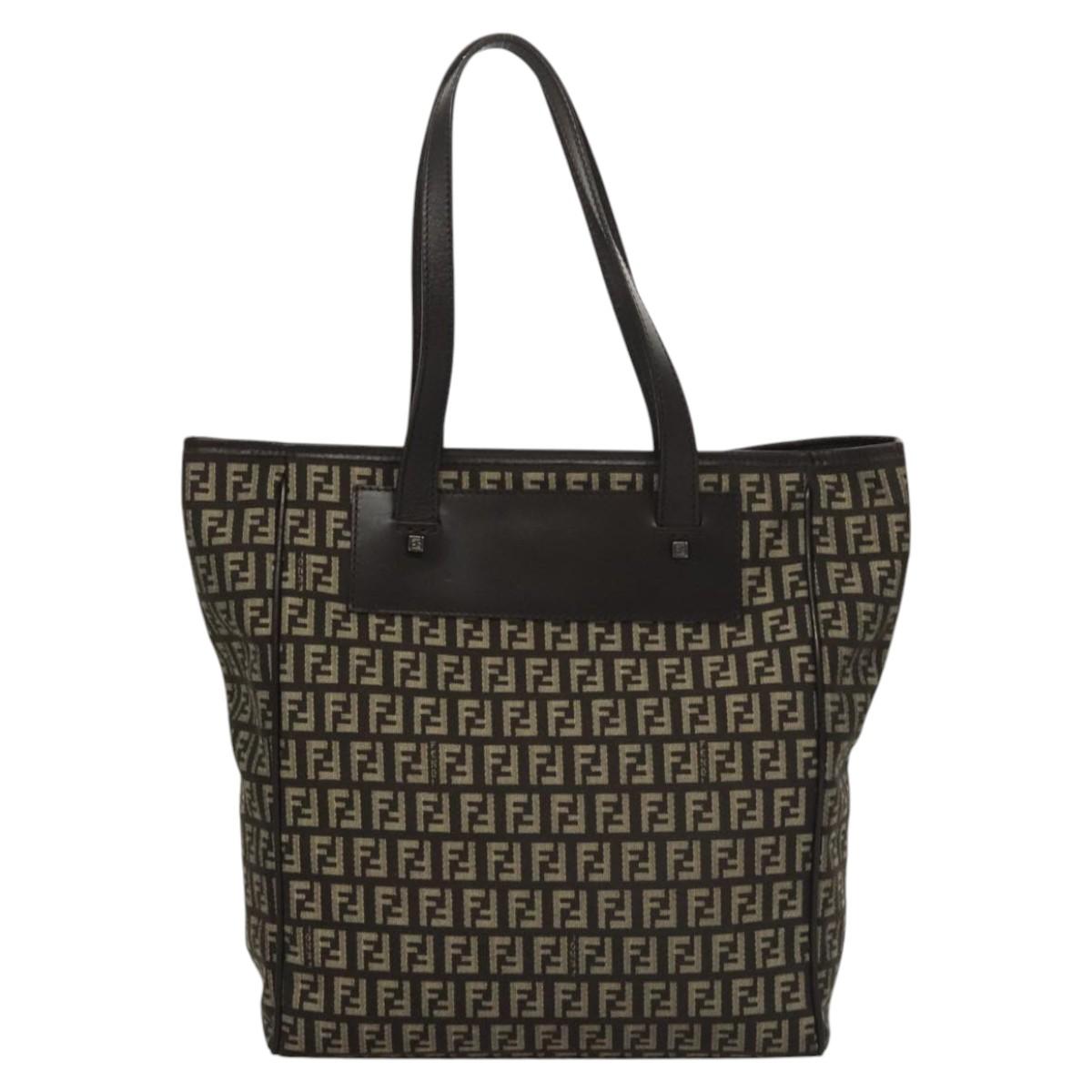 FENDI Zucchino Canvas Tote Bag Brown Silver Auth mr1240
