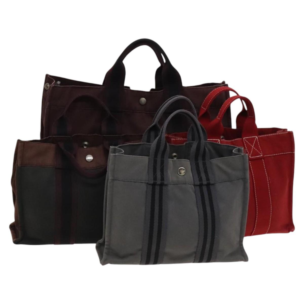 HERMES Fourre Tout Tote Bag Canvas 4Set Brown Gray Red Auth mr1244