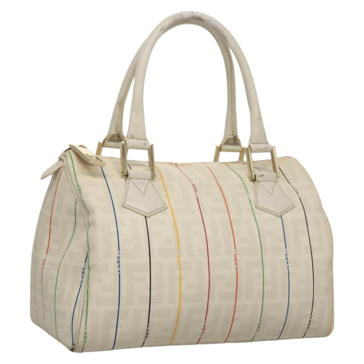 FENDI Zucca Canvas Boston Bag PVC White Gold Auth mr1249