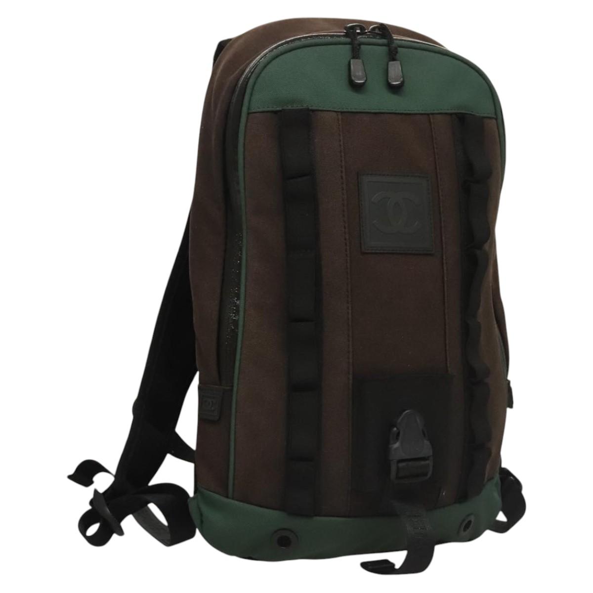 CHANEL Sports Backpack Canvas nylon Green Brown CC Auth mr1265