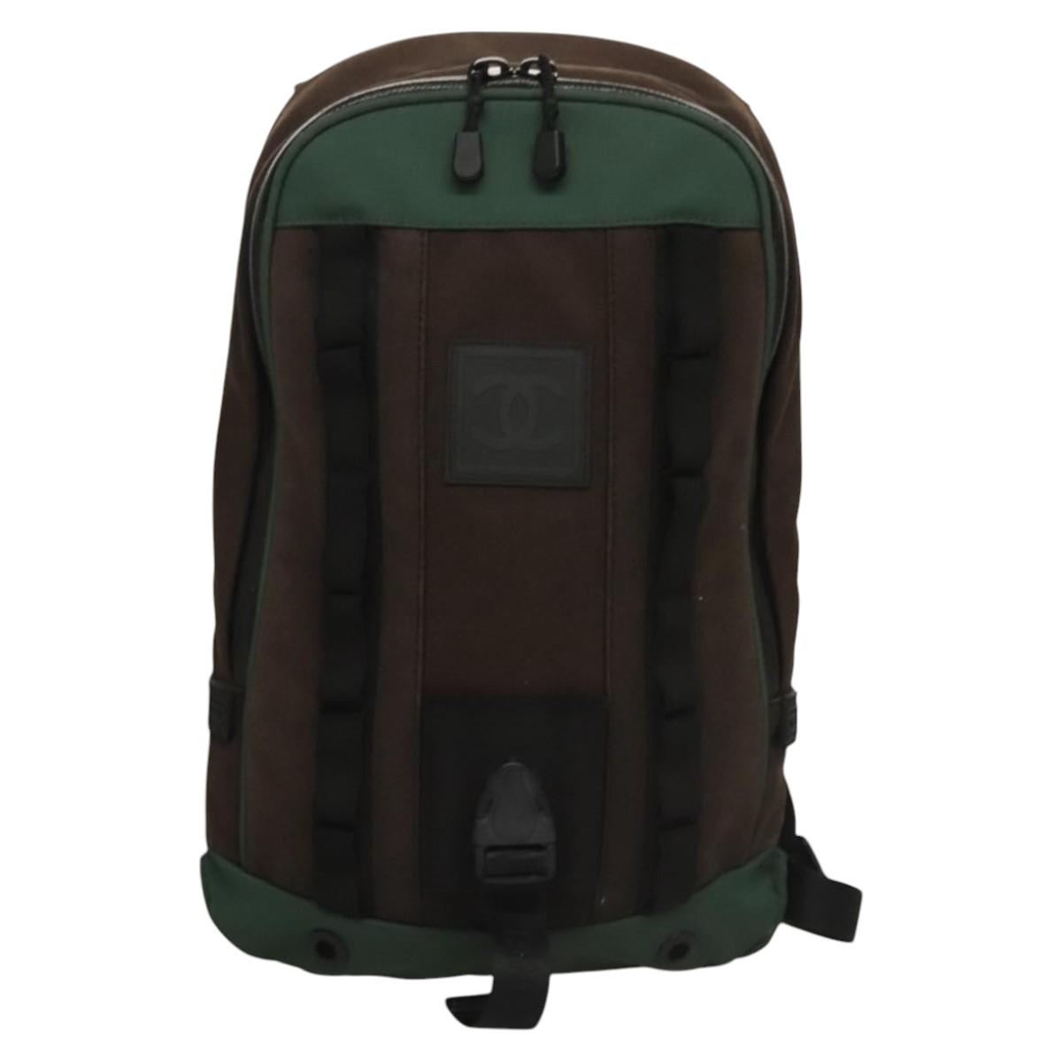 CHANEL Sports Backpack Canvas nylon Green Brown CC Auth mr1265