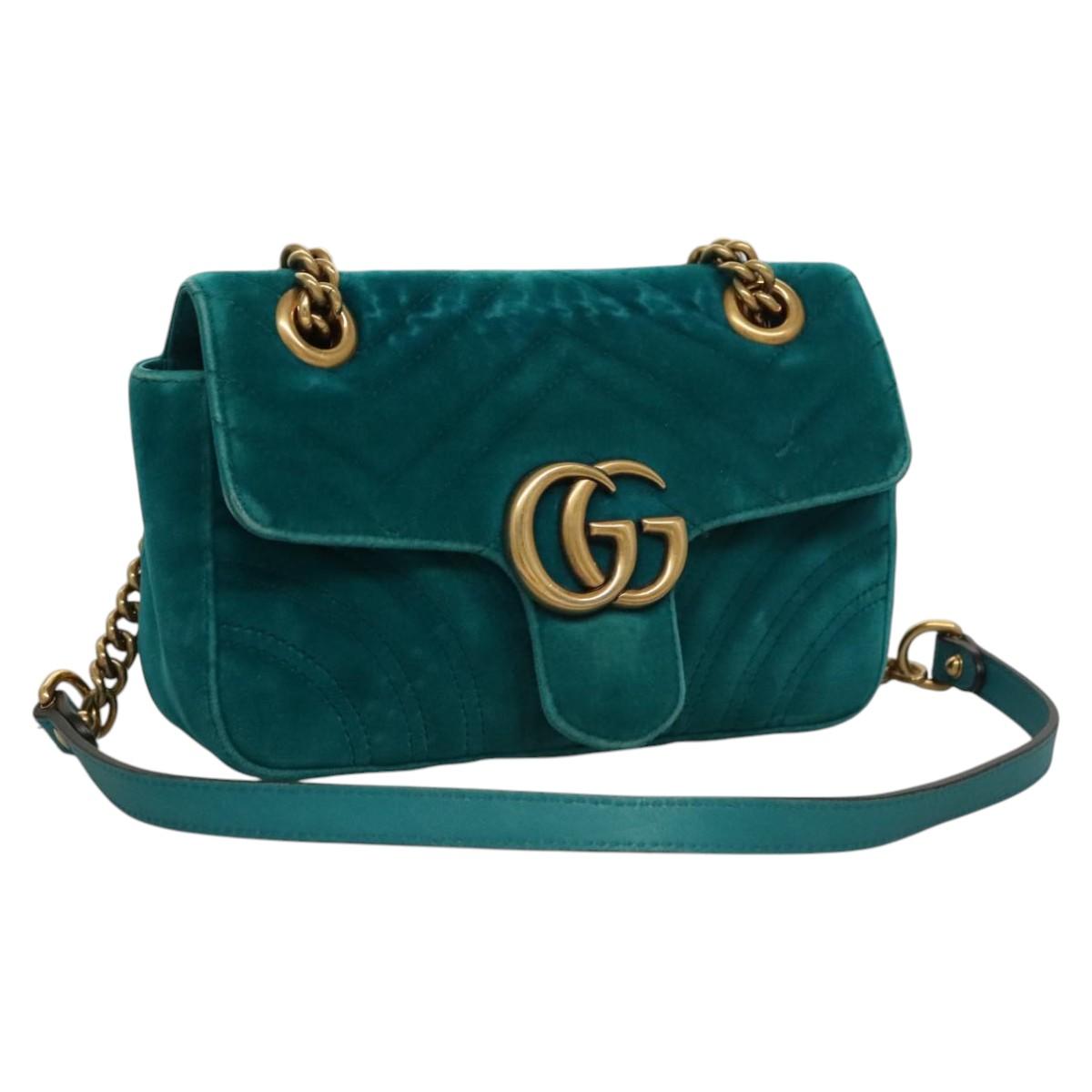 GUCCI GG Marmont Chain Shoulder Bag Velor Turquoise Blue Gold 446744 Auth mr1269