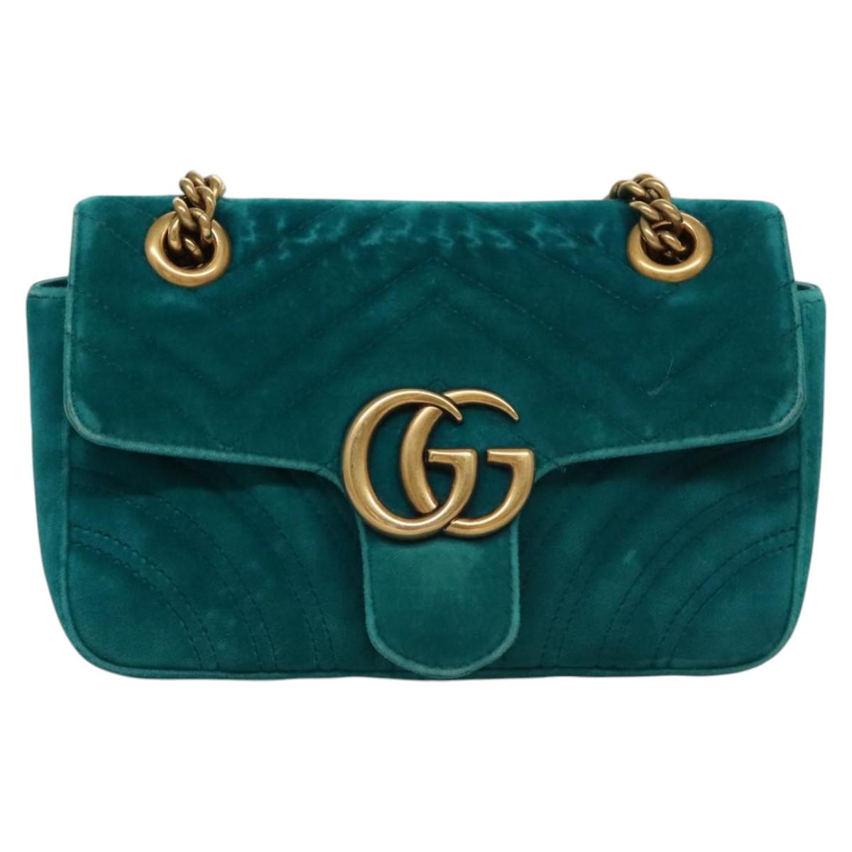 GUCCI GG Marmont Chain Shoulder Bag Velor Turquoise Blue Gold 446744 Auth mr1269