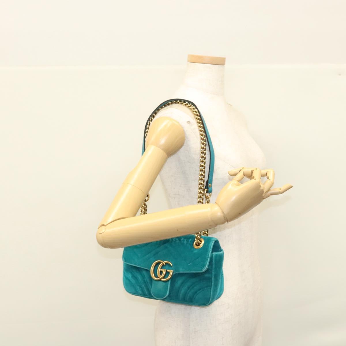 GUCCI GG Marmont Chain Shoulder Bag Velor Turquoise Blue Gold 446744 Auth mr1269