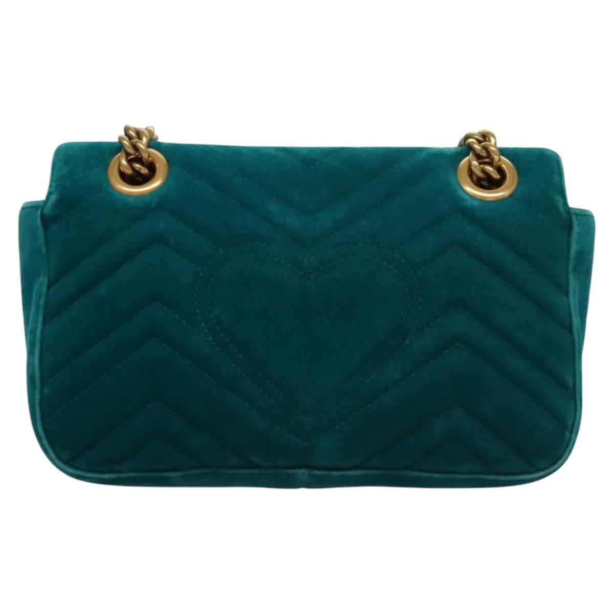 GUCCI GG Marmont Chain Shoulder Bag Velor Turquoise Blue Gold 446744 Auth mr1269