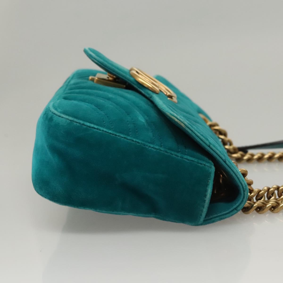 GUCCI GG Marmont Chain Shoulder Bag Velor Turquoise Blue Gold 446744 Auth mr1269