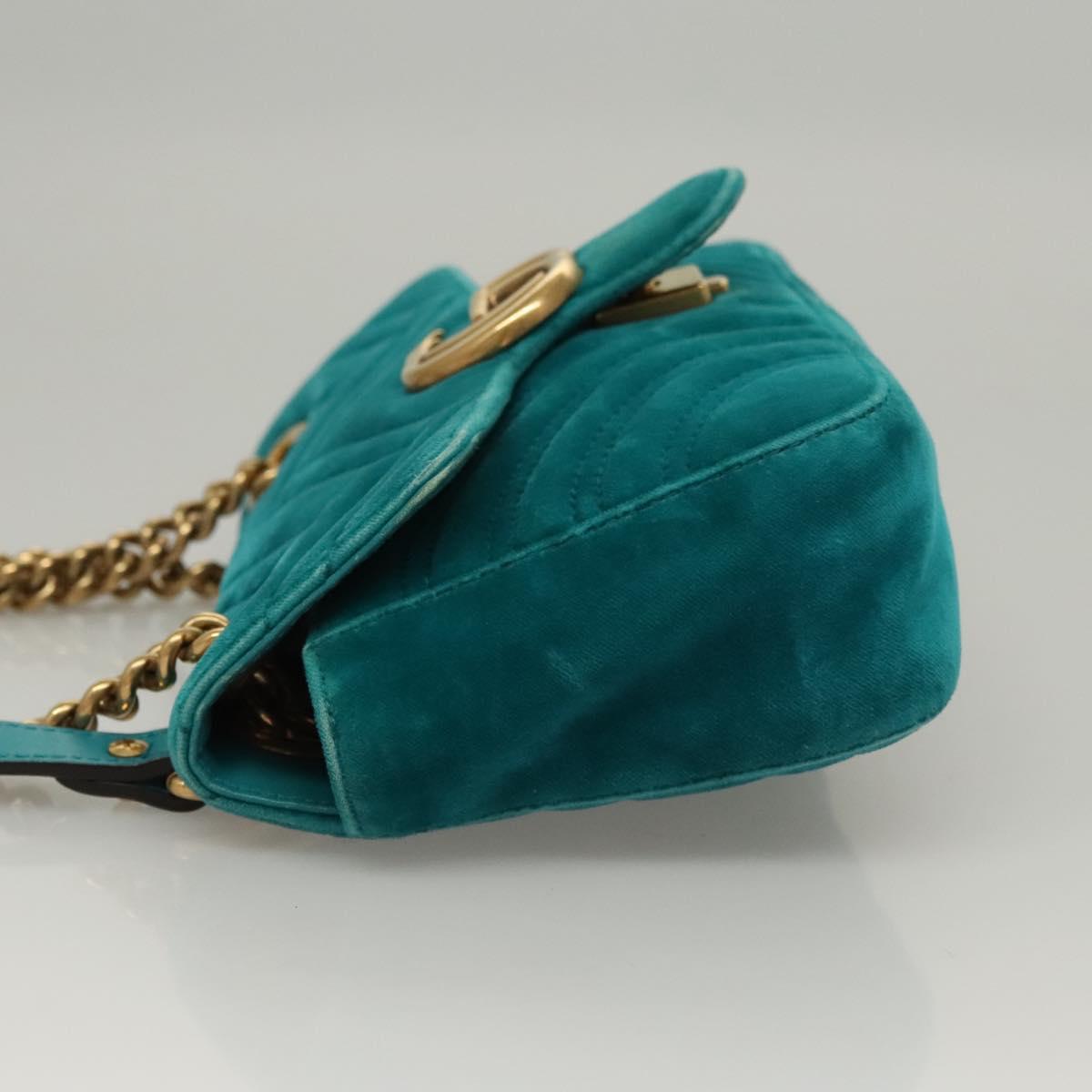 GUCCI GG Marmont Chain Shoulder Bag Velor Turquoise Blue Gold 446744 Auth mr1269