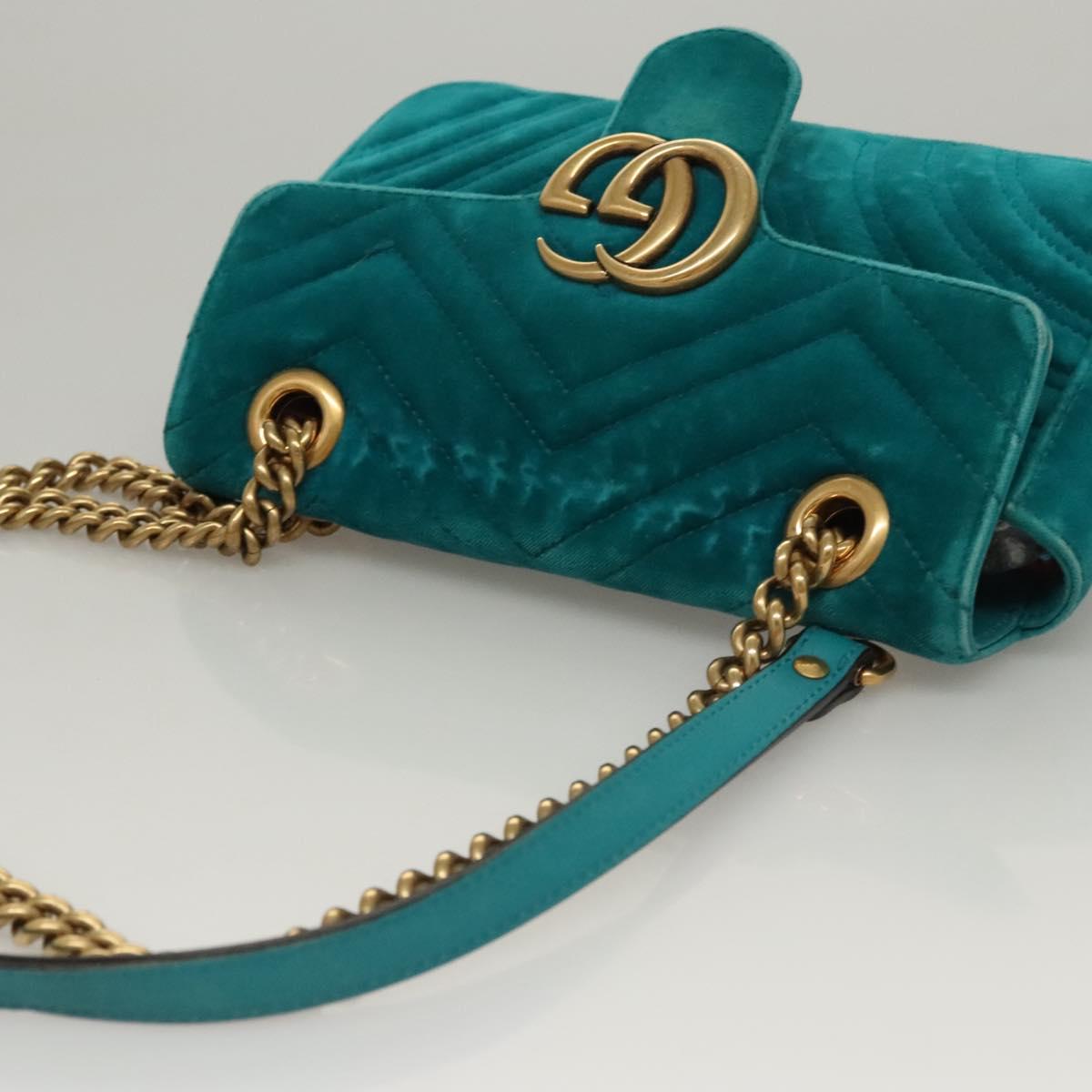 GUCCI GG Marmont Chain Shoulder Bag Velor Turquoise Blue Gold 446744 Auth mr1269