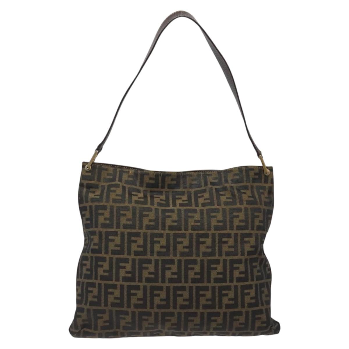 FENDI Zucca Canvas Shoulder Bag Brown Black gold Auth mr1286