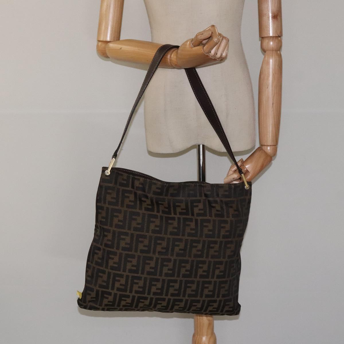FENDI Zucca Canvas Shoulder Bag Brown Black gold Auth mr1286