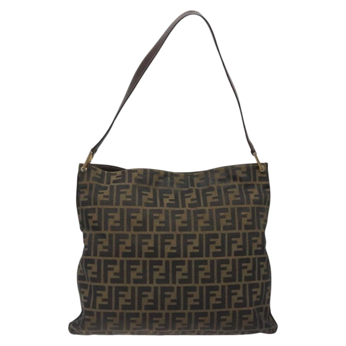 FENDI Zucca Canvas Shoulder Bag Brown Black gold Auth mr1286