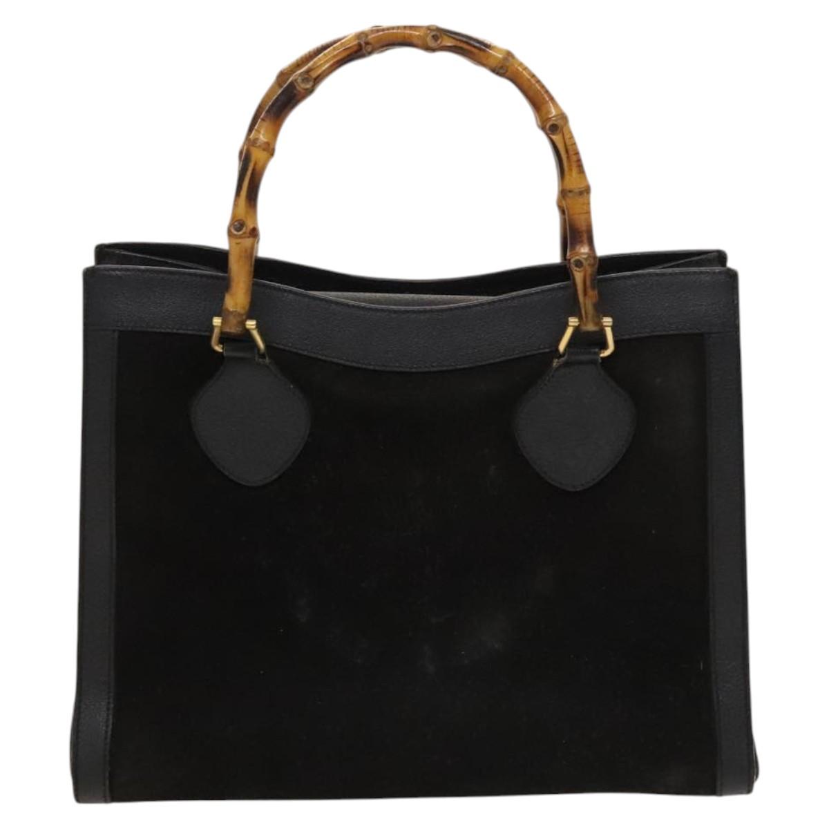 GUCCI Bamboo Hand Bag Suede Black Gold Auth mr1297