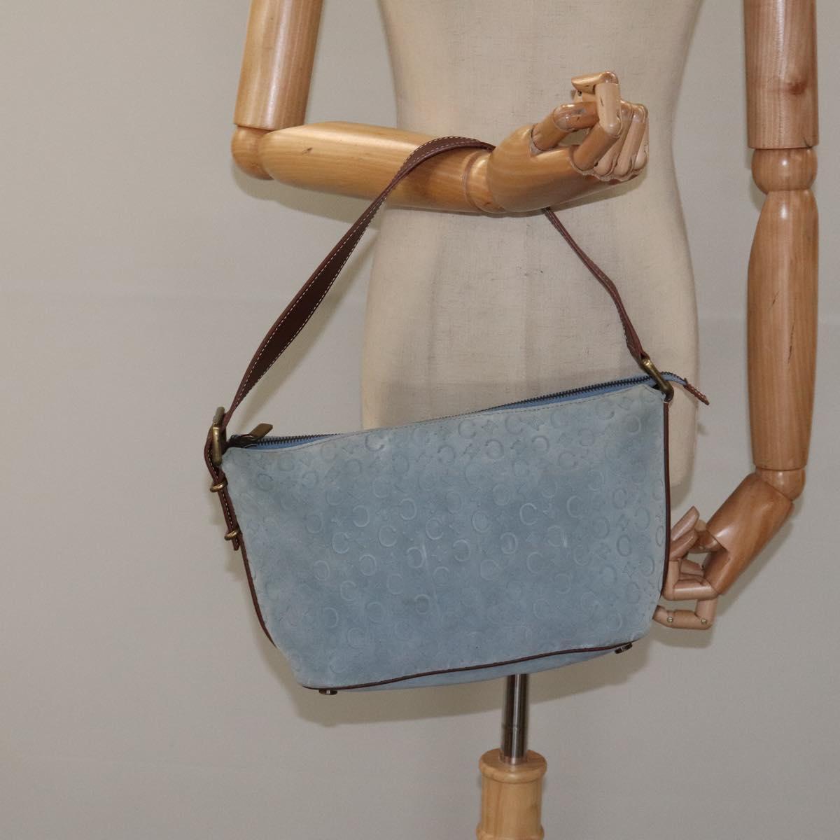 CELINE C Macadam Canvas Shoulder Bag Suede Leather Blue Gold Auth mr1329