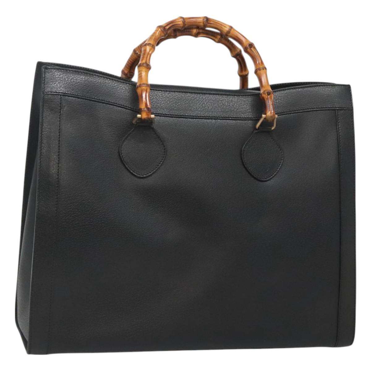 GUCCI Bamboo Hand Bag Leather Black Gold 002 1186 0259 Auth mr1334