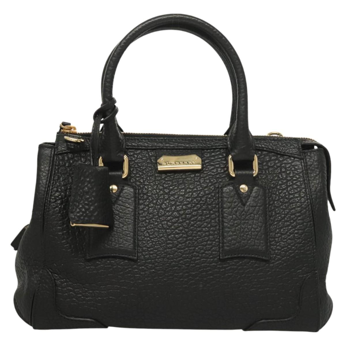 BURBERRY Hand Bag Leather 2way Black Gold Auth mr1365