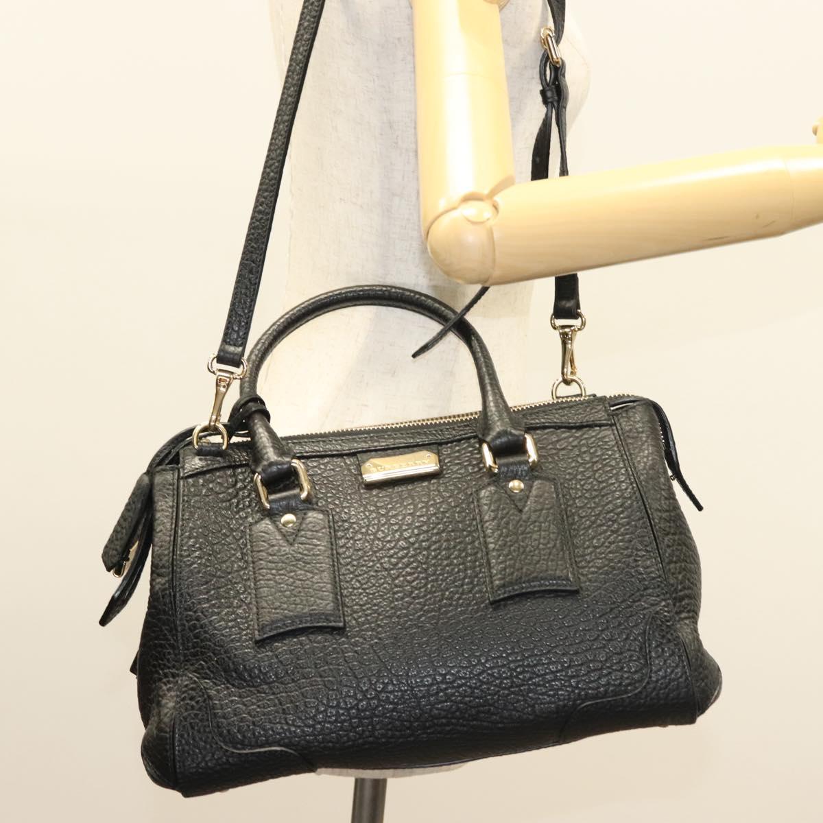 BURBERRY Hand Bag Leather 2way Black Gold Auth mr1365