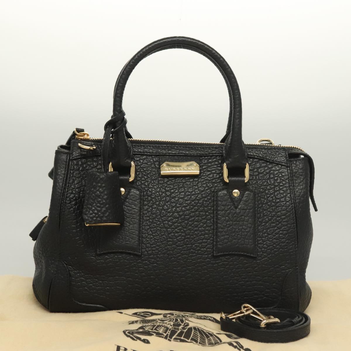 BURBERRY Hand Bag Leather 2way Black Gold Auth mr1365