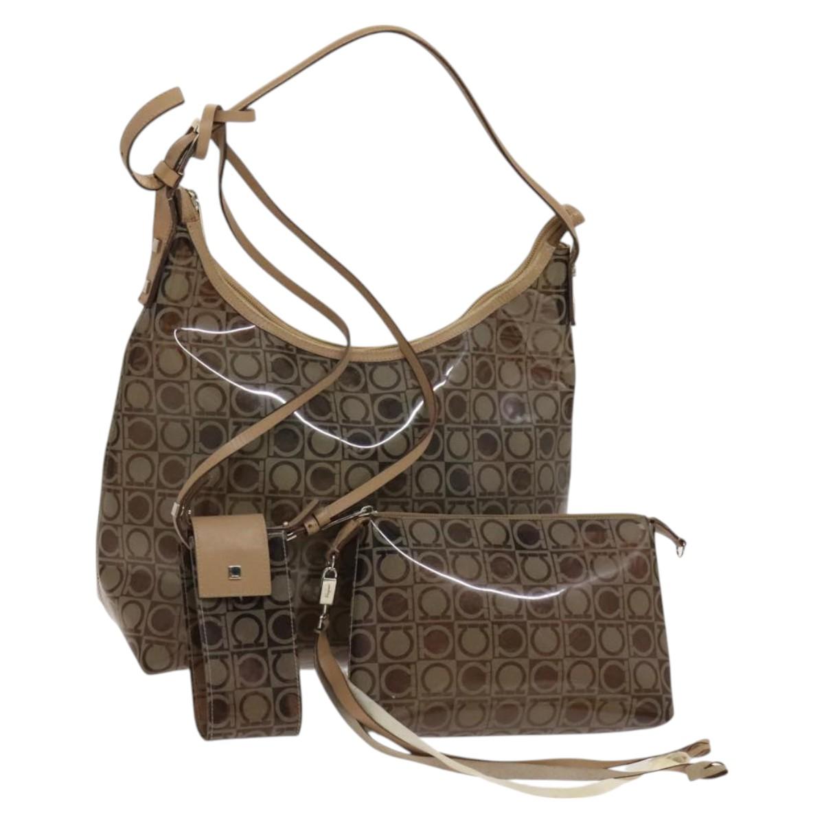 Salvatore Ferragamo Hand Bag Vinyl 2Set Brown Auth mr1382