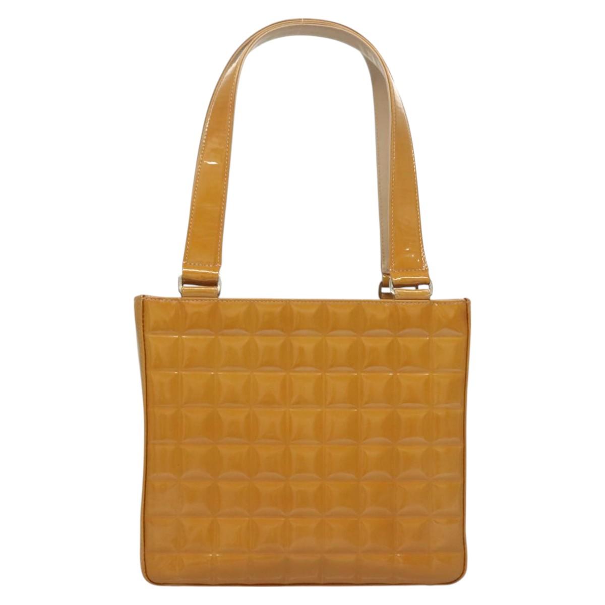 CHANEL Choco Bar Hand Bag Patent Leather Yellow Silver CC Auth mr1387