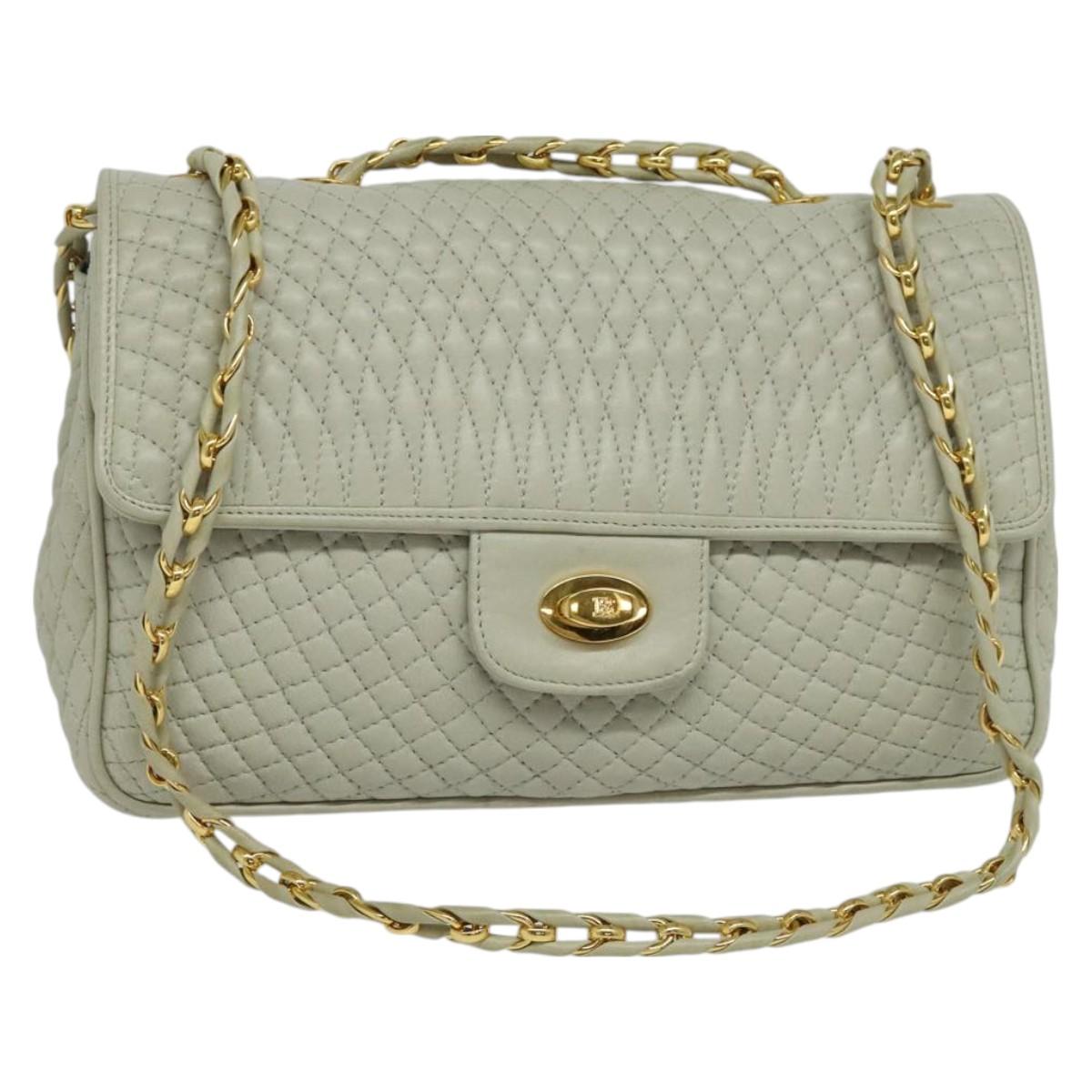 BALLY Quilted Chain Shoulder Bag Leather Beige Gold Auth mr1446
