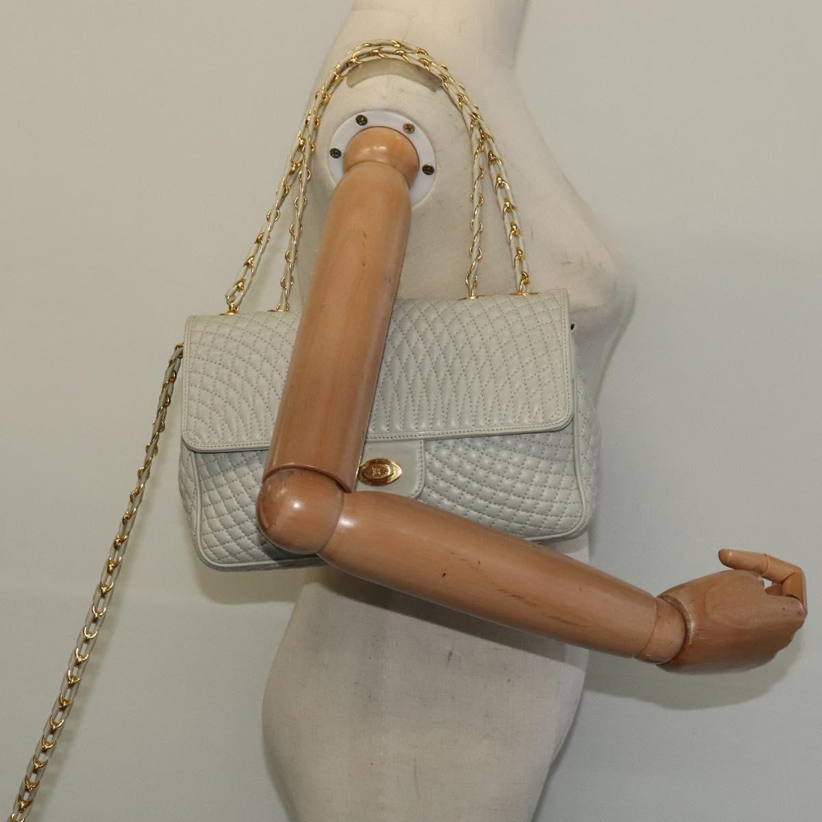BALLY Quilted Chain Shoulder Bag Leather Beige Gold Auth mr1446