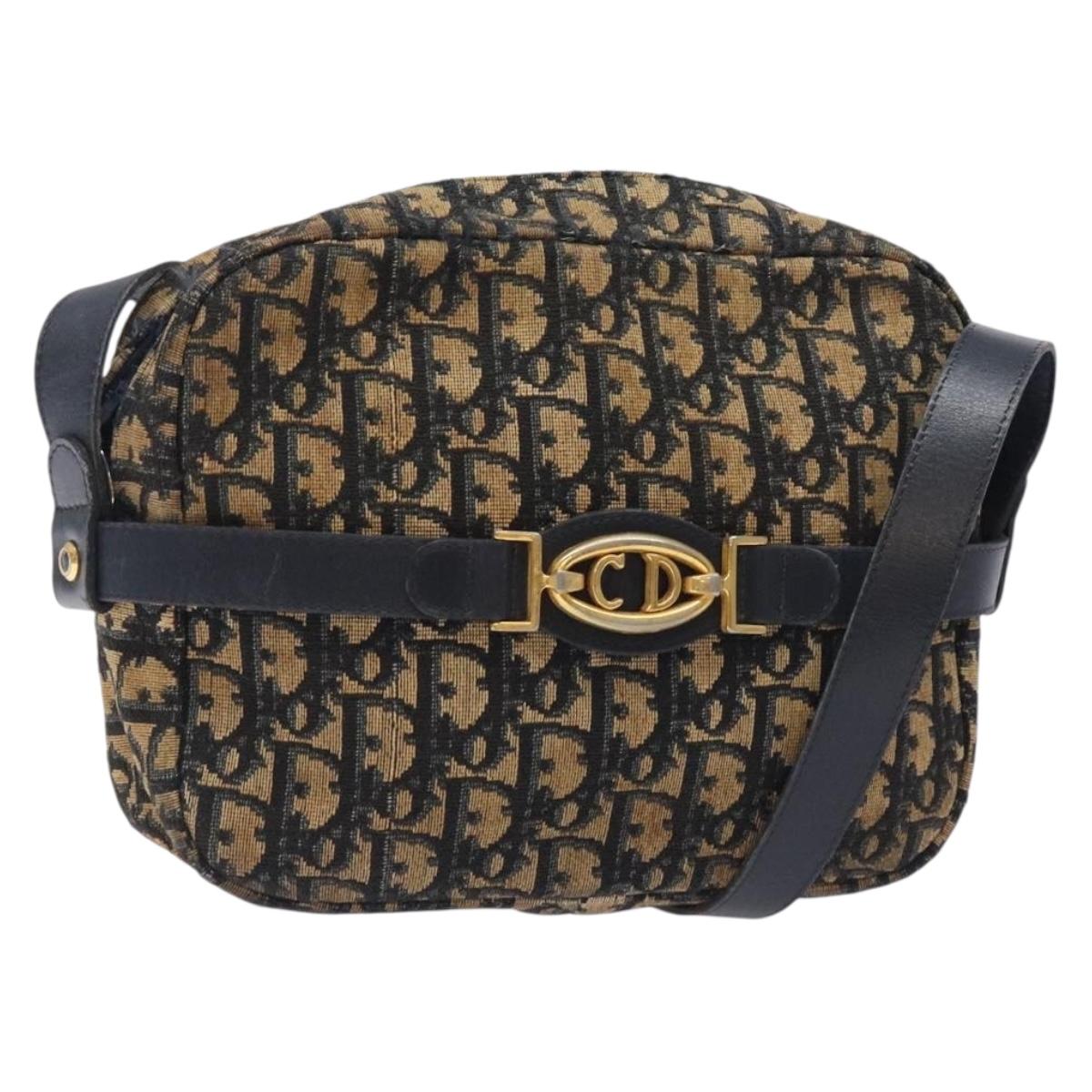 Christian Dior Trotter Canvas Shoulder Bag Navy Gold Auth mr1464