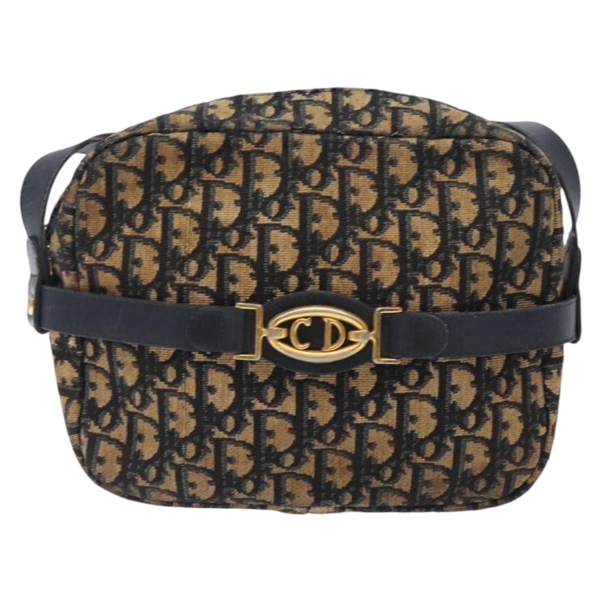 Christian Dior Trotter Canvas Shoulder Bag Navy Gold Auth mr1464
