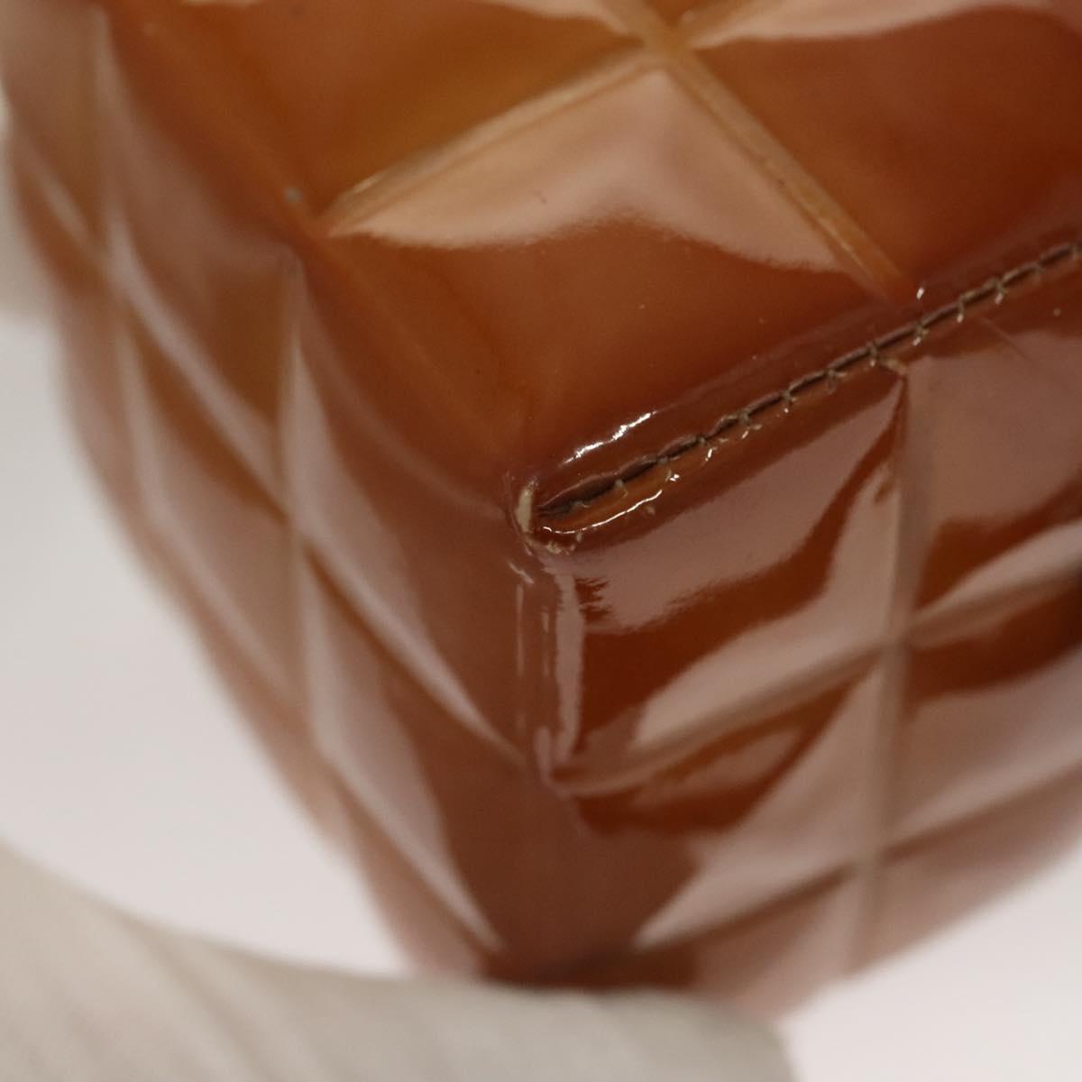 CHANEL Choco Bar Cube Pouch Patent leather Brown Silver CC Auth mr1474