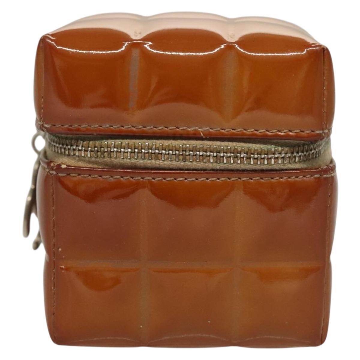 CHANEL Choco Bar Cube Pouch Patent leather Brown Silver CC Auth mr1474